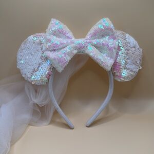 Minnie Mouse Ears Inspired Disney Wedding Sequin Bow Headband with Veil